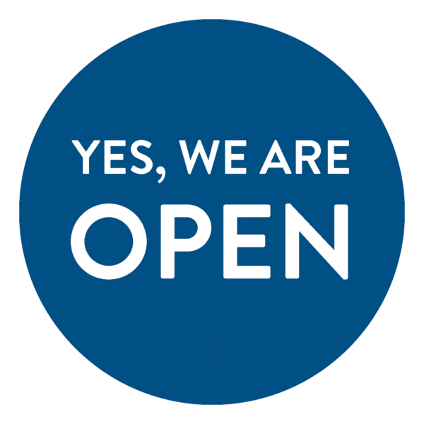 Schaufensteraufkleber EN - YES! We are open - (round) Style: Modern - dunkelblau