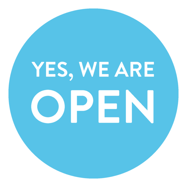 Schaufensteraufkleber EN - YES! We are open - (round) Style: Modern - hellblau