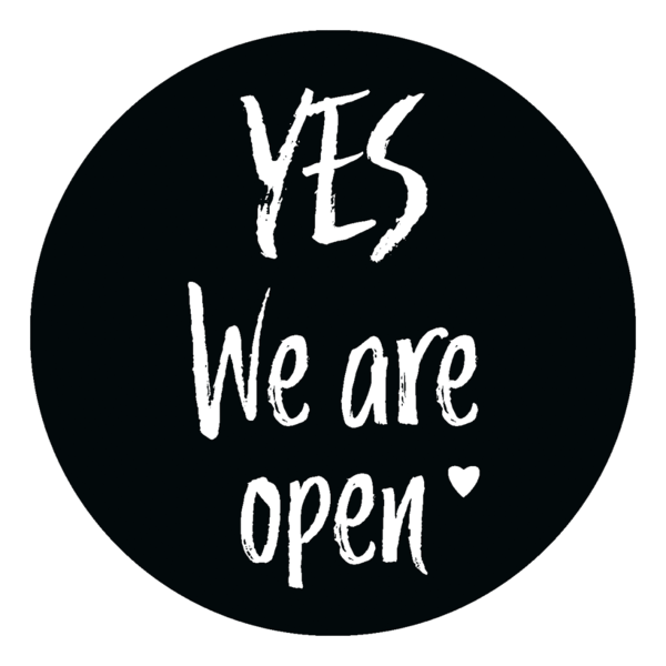 Schaufensteraufkleber EN - YES! We are open „LOVE“ - (round) Style: Brushy - schwarz