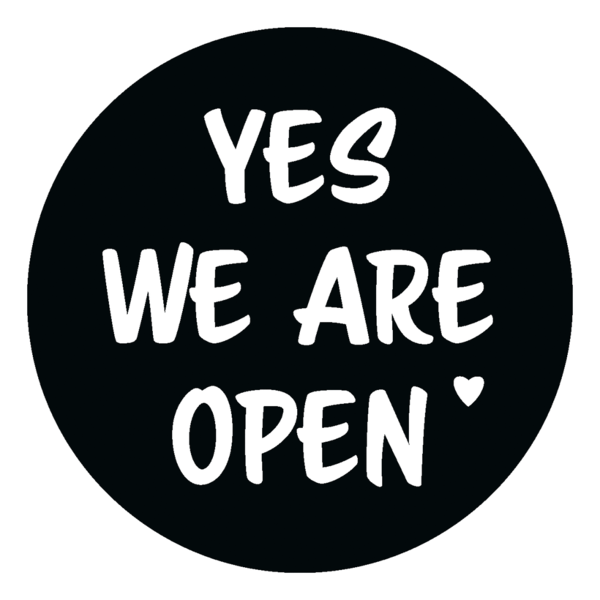 Schaufensteraufkleber EN - YES! We are open „LOVE“ - (round) Style: Script - schwarz
