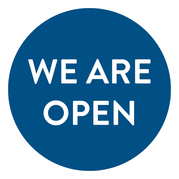 Schaufensteraufkleber EN - We are open - (round) Style: Modern - dunkelblau