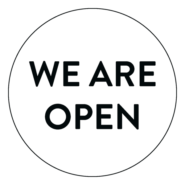 Schaufensteraufkleber EN - We are open - (round) Style: Modern - weiss