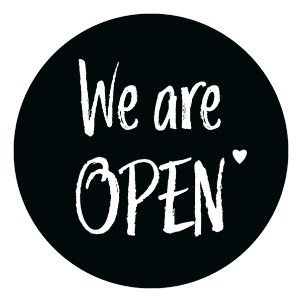 Schaufensteraufkleber EN - We are open „LOVE“ - (round) Style: Brushy - schwarz