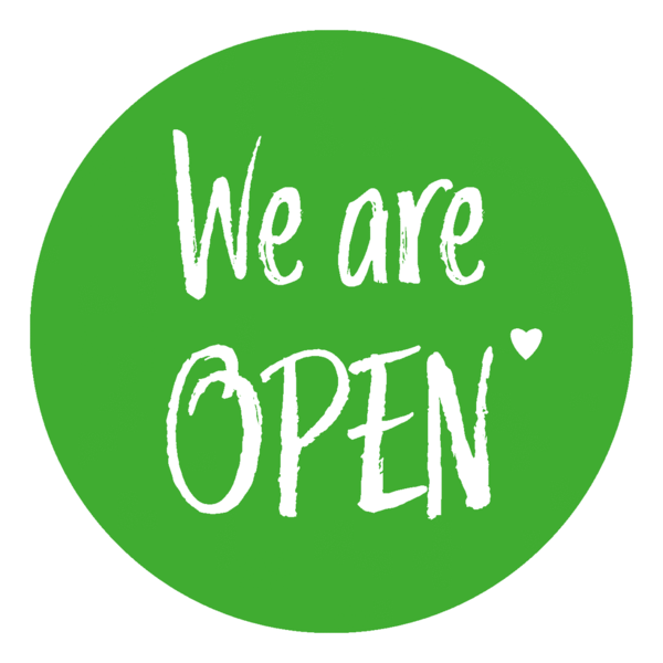 Schaufensteraufkleber EN - We are open „LOVE“ - (round) Style: Brushy - grün