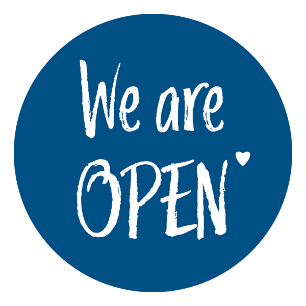 Schaufensteraufkleber EN - We are open „LOVE“ - (round) Style: Brushy - dunkelblau